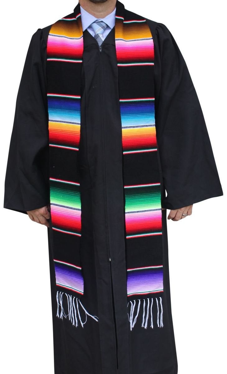Del Mex Mexican Serape blanket Graduation Stole Sash Latino Hispanic (Black) - Image 1